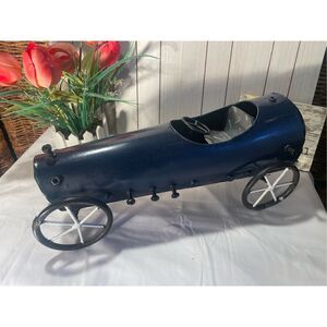 Metal Race Car Decor Blue Rustic Rolling Wheels Industrial Art